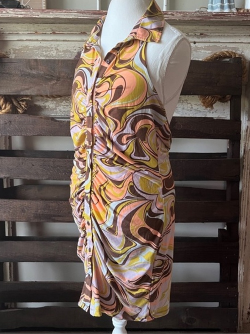 🟠NWT RUE 21 Retro Halter Dress in Chartreuse/Peach Print XL
